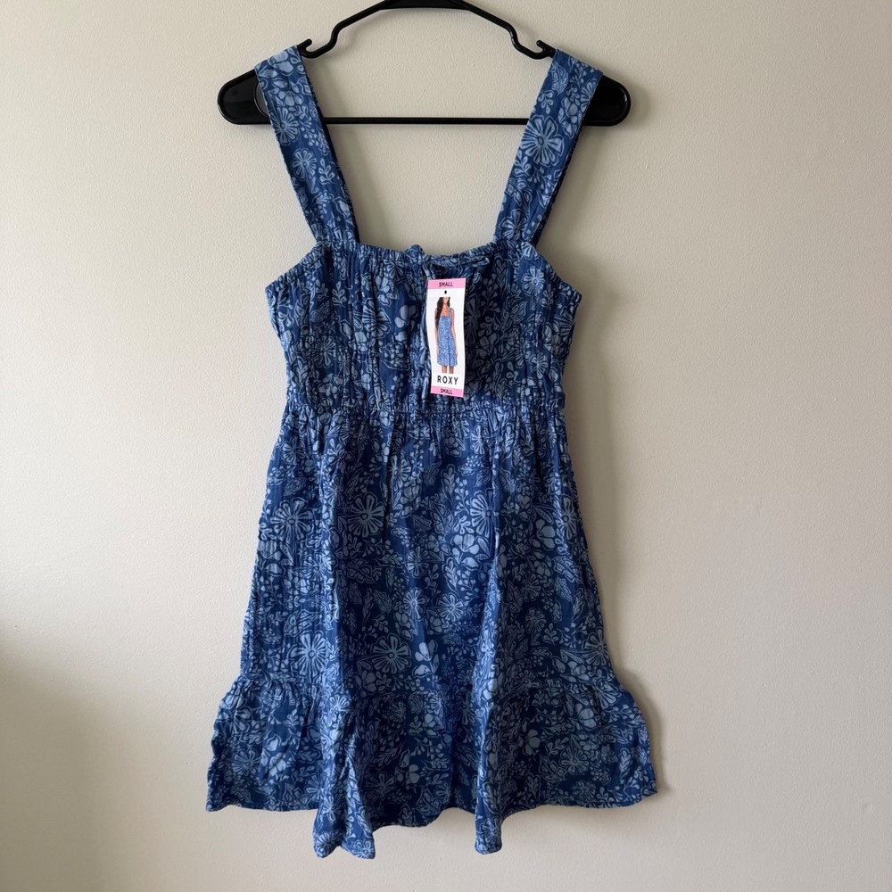 Roxy Womens Blue Floral Fall Summer Smocked Cotton Mini Dress NWT Small
